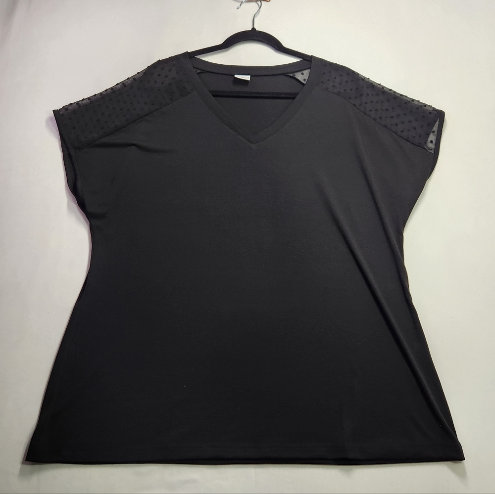 ⭐️Wiholl Black V-Neck Cap Sleeve Swiss Dot Mesh Top Shirt Size XXL Whimsigoth